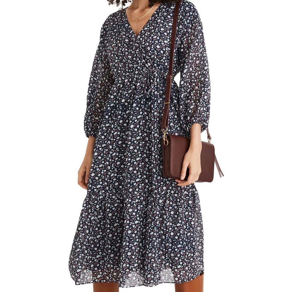 Madewell Tie-Waist Navy floral Midi Dress in Harvest Vine L
